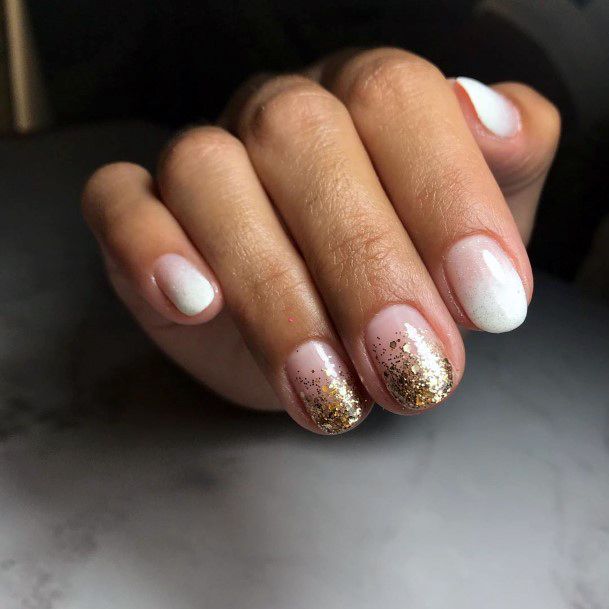 Short White Ombre Nails With Golden Glitter Women