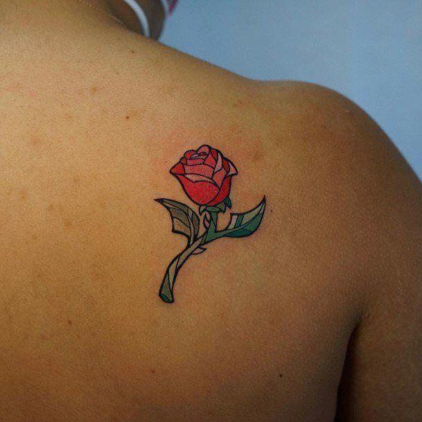 Shoulder Blade Rose Woman With Beauty And The Beast Tattoo