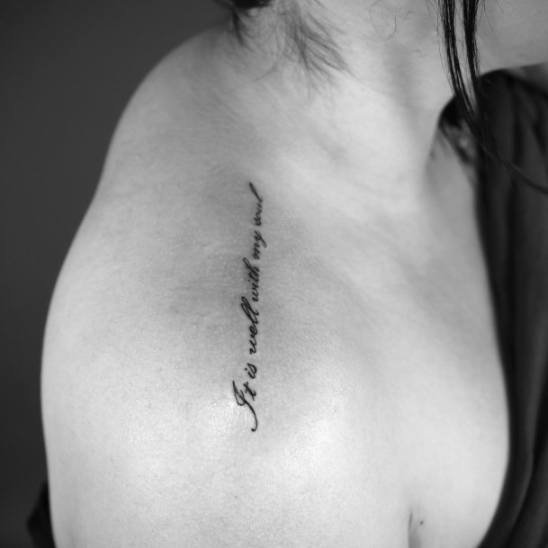 Shoulder Cursive Bible Verse Tattoo On Woman