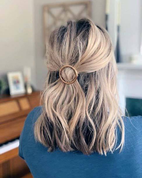 Shoulder Length Blonde Female Half Up Pull Back Into Secured Barrette