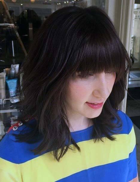 Shoulder Length Brown Hairstyle For Women With Bangs Hassle Free