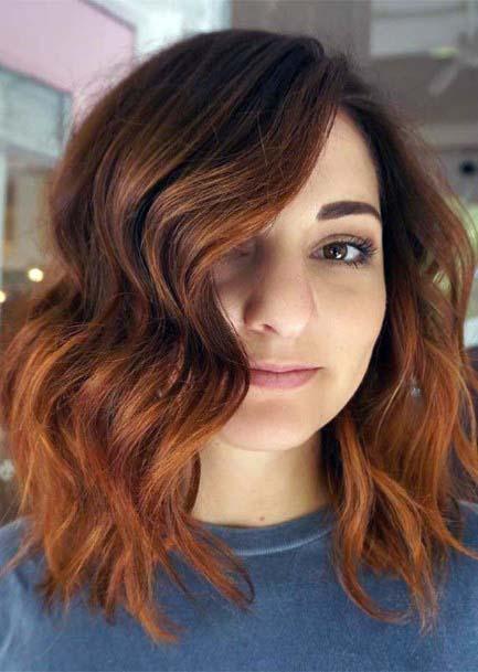 Shoulder Length Large Wave Hair With Golden Copper Brown Coloring