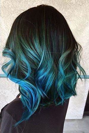 Shoulder Length Ombre Black Roots To Aqua Blue Ends