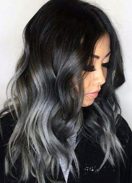 Shoulder Length Wavy Curls Black To Light Grey