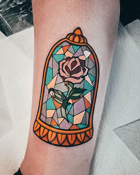 Side Calf Stained Glass Coor Rose Dome Beauty And The Beast Tattoo Ideas For Girls