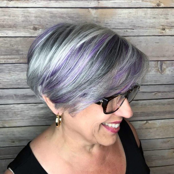 Side Swept Purple Highlights Short Haircuts For Women Over 50