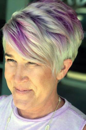 Side Swept Purple Highlights Short Hairstyles For Older Women