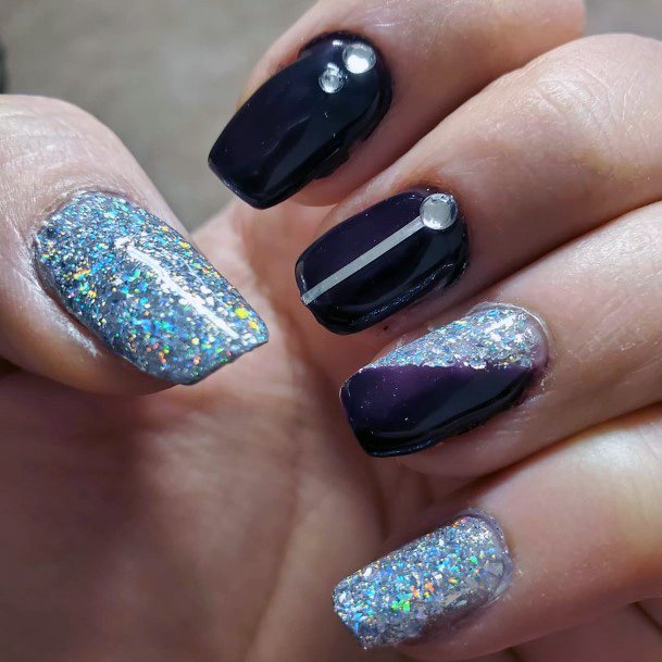 Silver And Dark Purple Nails With Stones