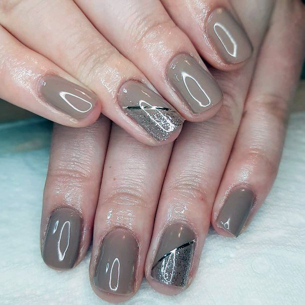 Silver Art On Light Brown Gray Squoval Nails