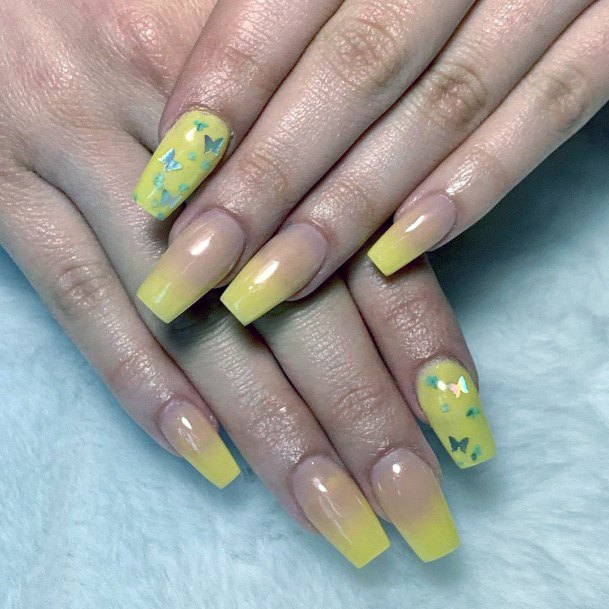 Silver Butterflies On Yellow Ombre Nails For Women