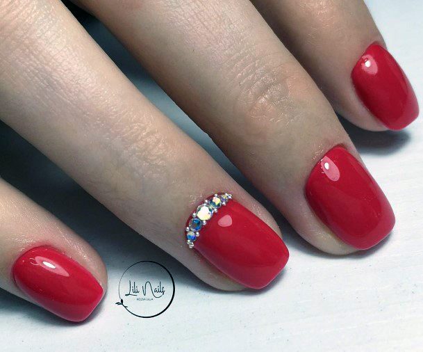 Silver Cuticle Accent Short Red Nails For Women