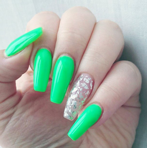 Silver Foil And Neon Green Nails