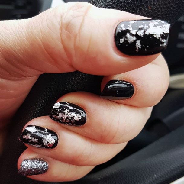 Silver Foil Art On Black Nails Women