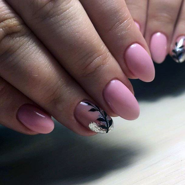 Silver Foil On Pink Nails With Black Leaf Art