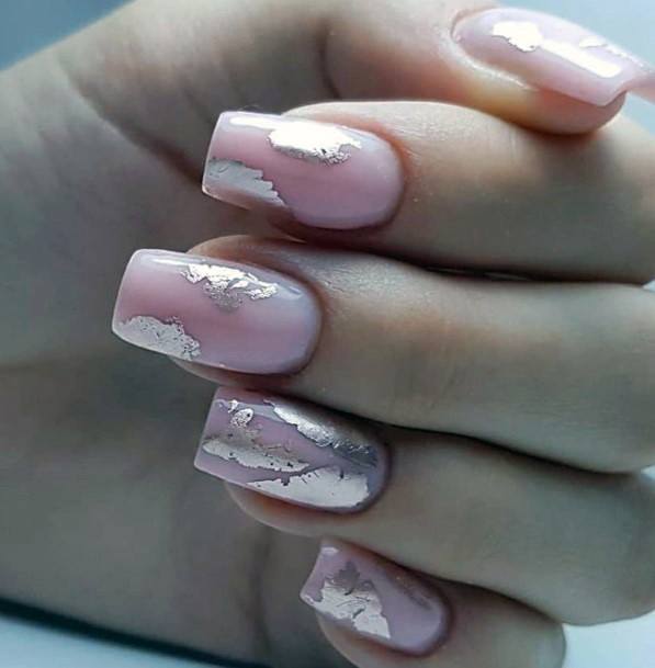 Silver Foils On Coral Pink Nails For Women