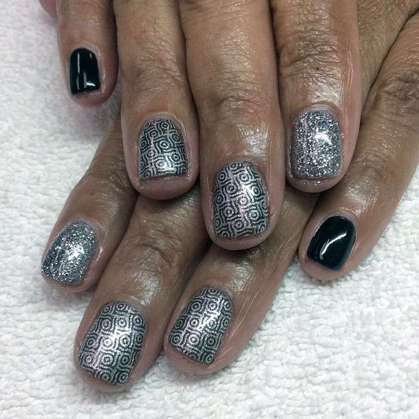 Silver Glitter With Black Accent Nails Women