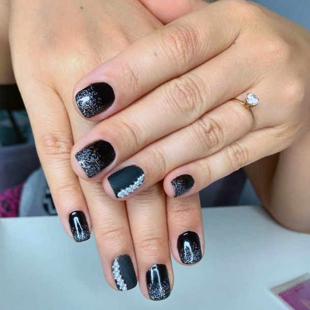 Silver Glitter Work On Black Nails Women