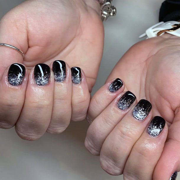 Silver Glitters On Black Nails For Women