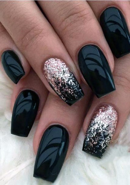 Silver Glitters On Black Nails Women