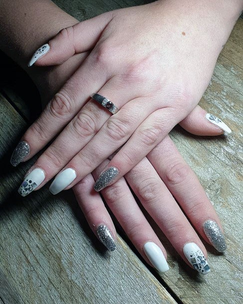 Silver Glitters On White Gel Nail Women