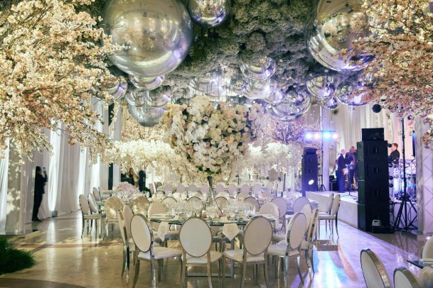 Silver Globes And Flowers Ceiling Decoration Wedding