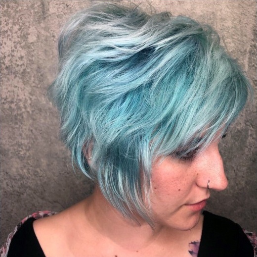 Silver Hair With Turquoise Hints Side Parted Bob Modern Hairstyle Women