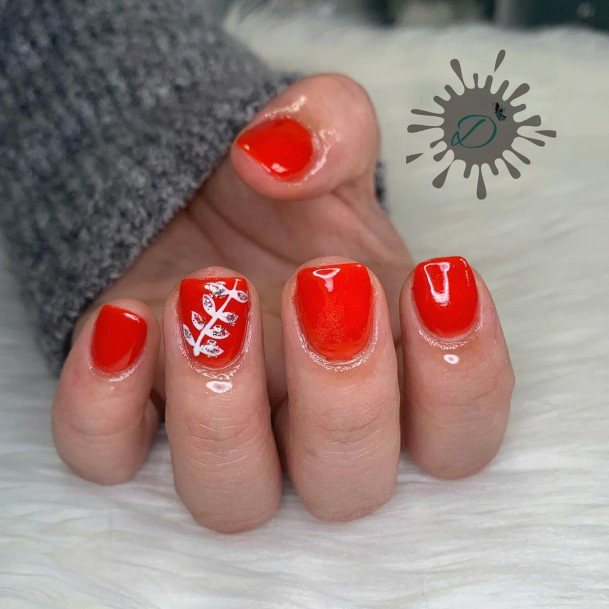 Silver Leaf Art Red Orange Nails For Women