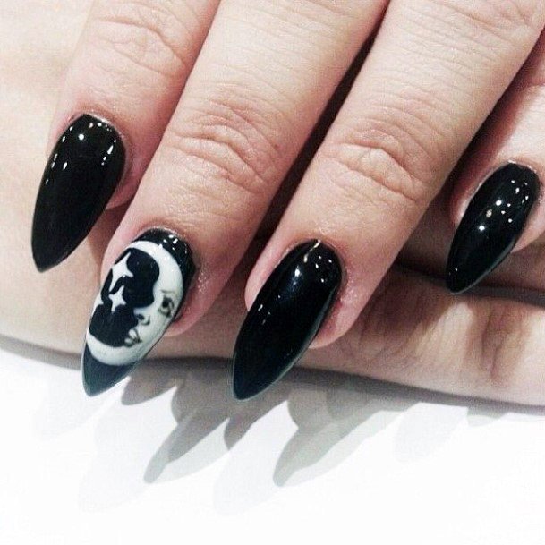 Silver Moon On Black Nails For Women