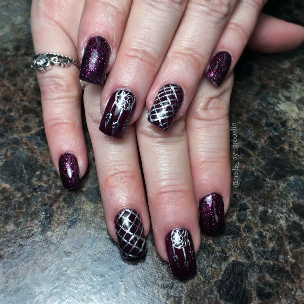 Silver Net Art On Dark Purple Nails Women