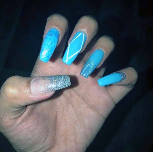 Silver Sparkles And Diamond Design On Bright Blue Nails For Women