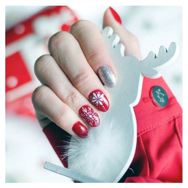 Silver Sparkles And Red Christmas Nails Women