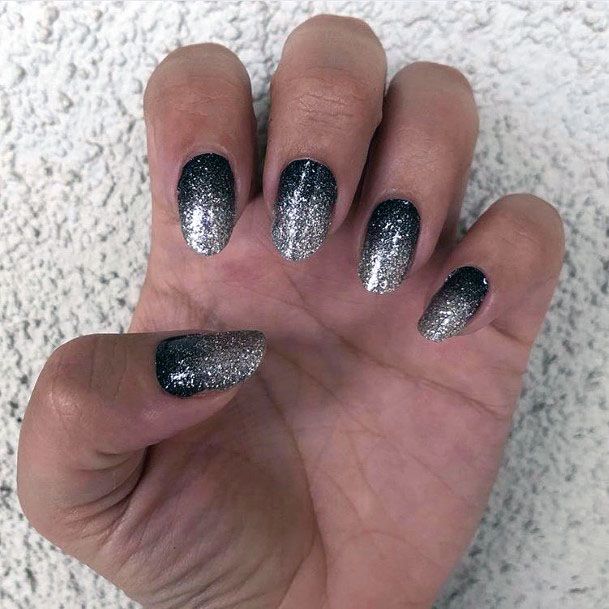 Silver Sparkles Spread On Black Nails Women