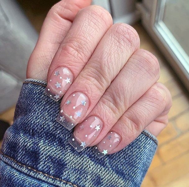 Silver Stars On Transparent Nails For Women