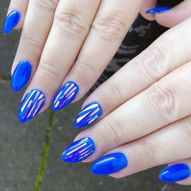 Silver Streaks On Bright Blue Nails For Women