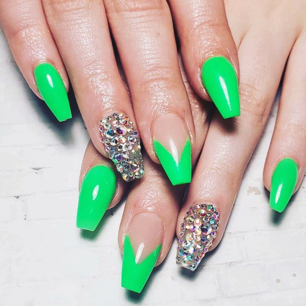 Silver Strewn Lime Green Tipped Nails
