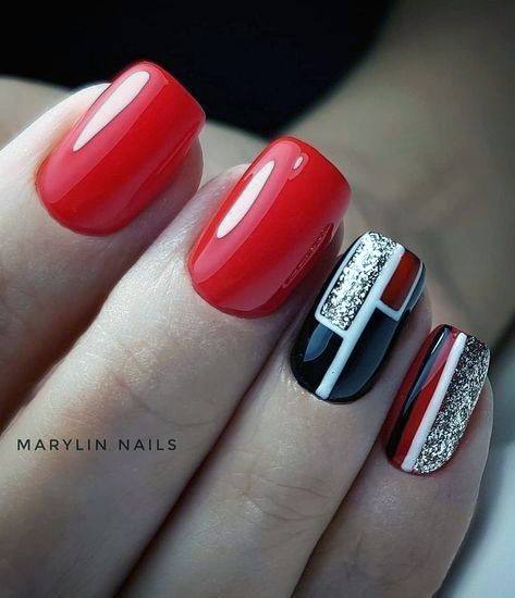 Silvered Black Art On Short Red Nails For Women
