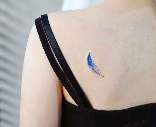 Simple Blue Feather Tattoo Womens Back