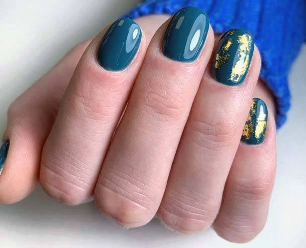 Simple Blue Green Nails Decorated With Golden Foils