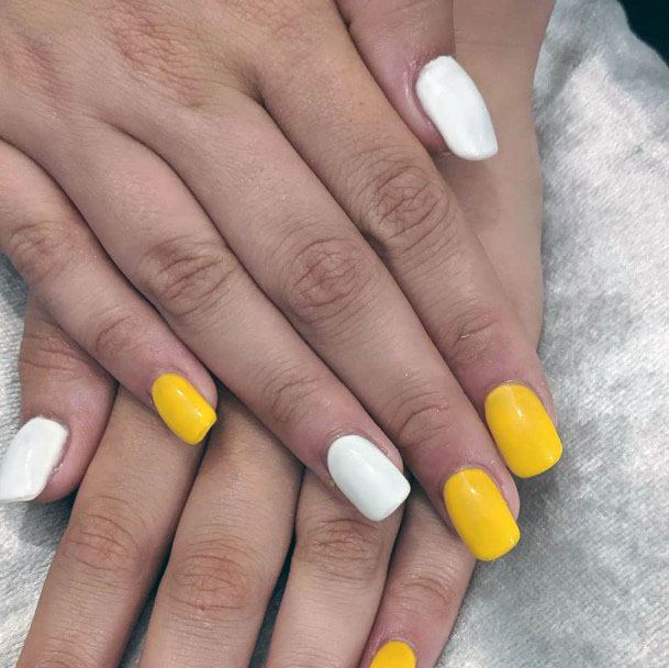 Simple Cute Glossy Yellow And White Squared Nail Design For Girls