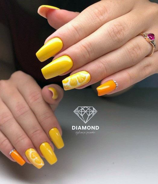 Simple Cute Lemon And Orange Citrus Nail Design For Girls