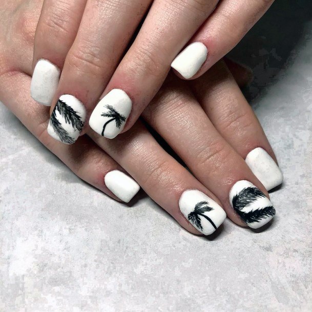 Simple Cute White Black Waves Palm Tree Nails For Women