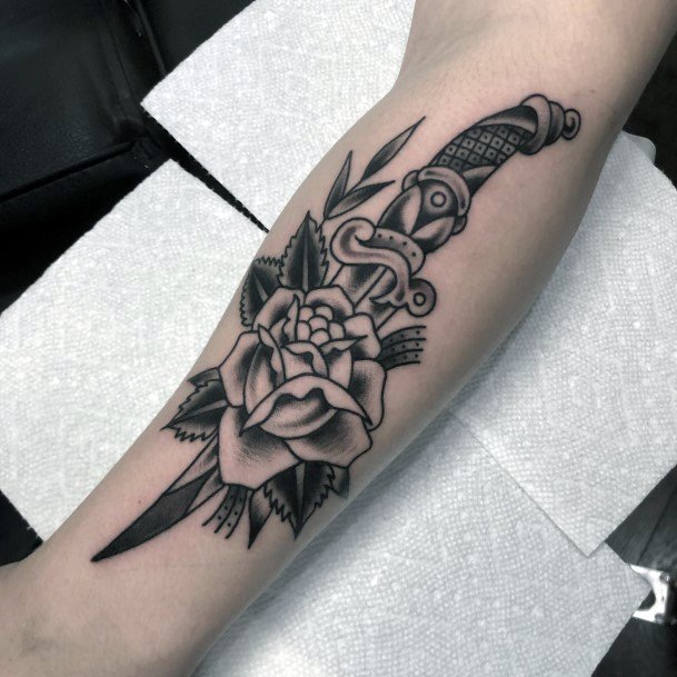 Simple Dagger Rose Tattoo For Women