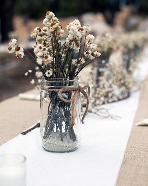 Simple Glass Jar And Flowers Wedding Decorations