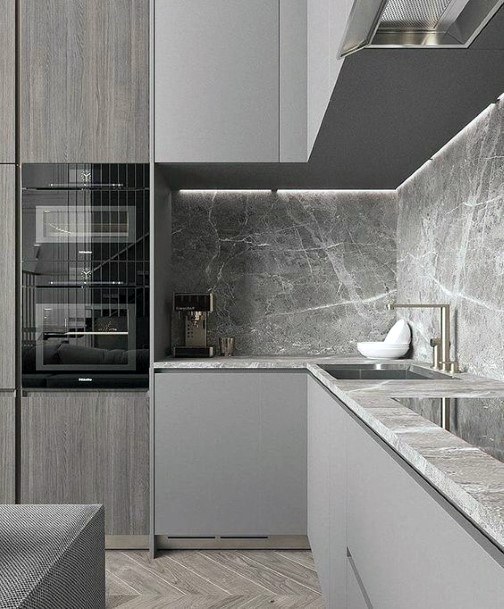 Simple Grey Themed Marble Modern Kitchen Ideas