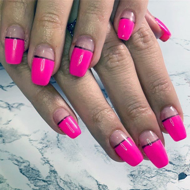 Simple Hot Pink Nails With Black Line