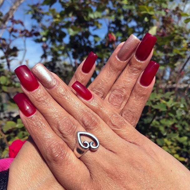 Simple Magenta Polished Nails With Silver Glitter