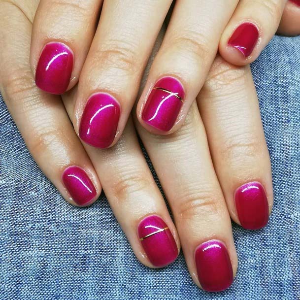 Simple Magenta Summer Colour With Golden Line Nail