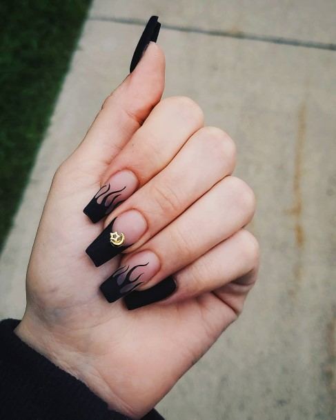 Simple Matte Black And Gold Nail For Women