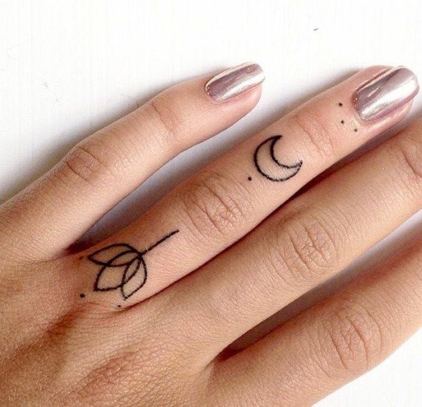 Simple Moon And Flower Tattoo Womens Finger