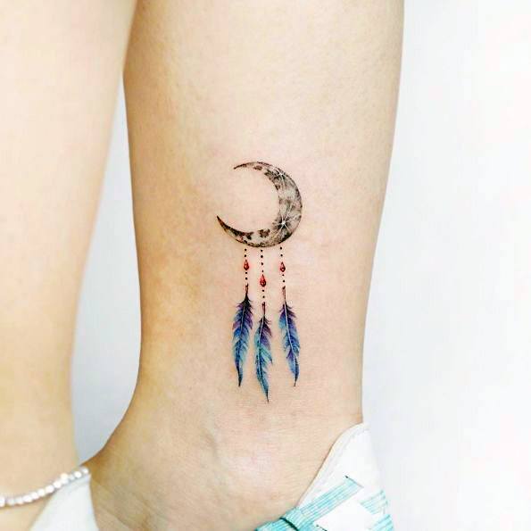 Simple Moon Tattoo Dream Catcher Womens Ankles